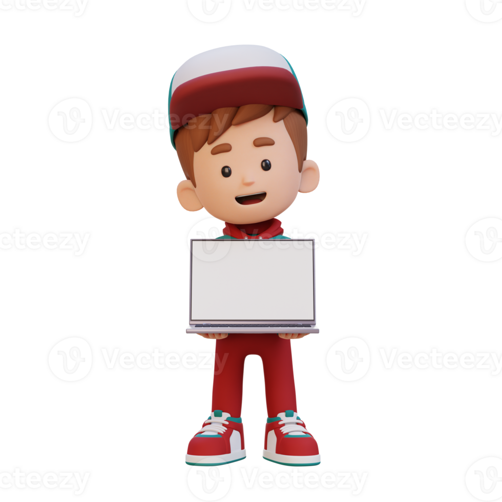 3D kid Character Holding and Presenting to a Laptop with Empty Screen png