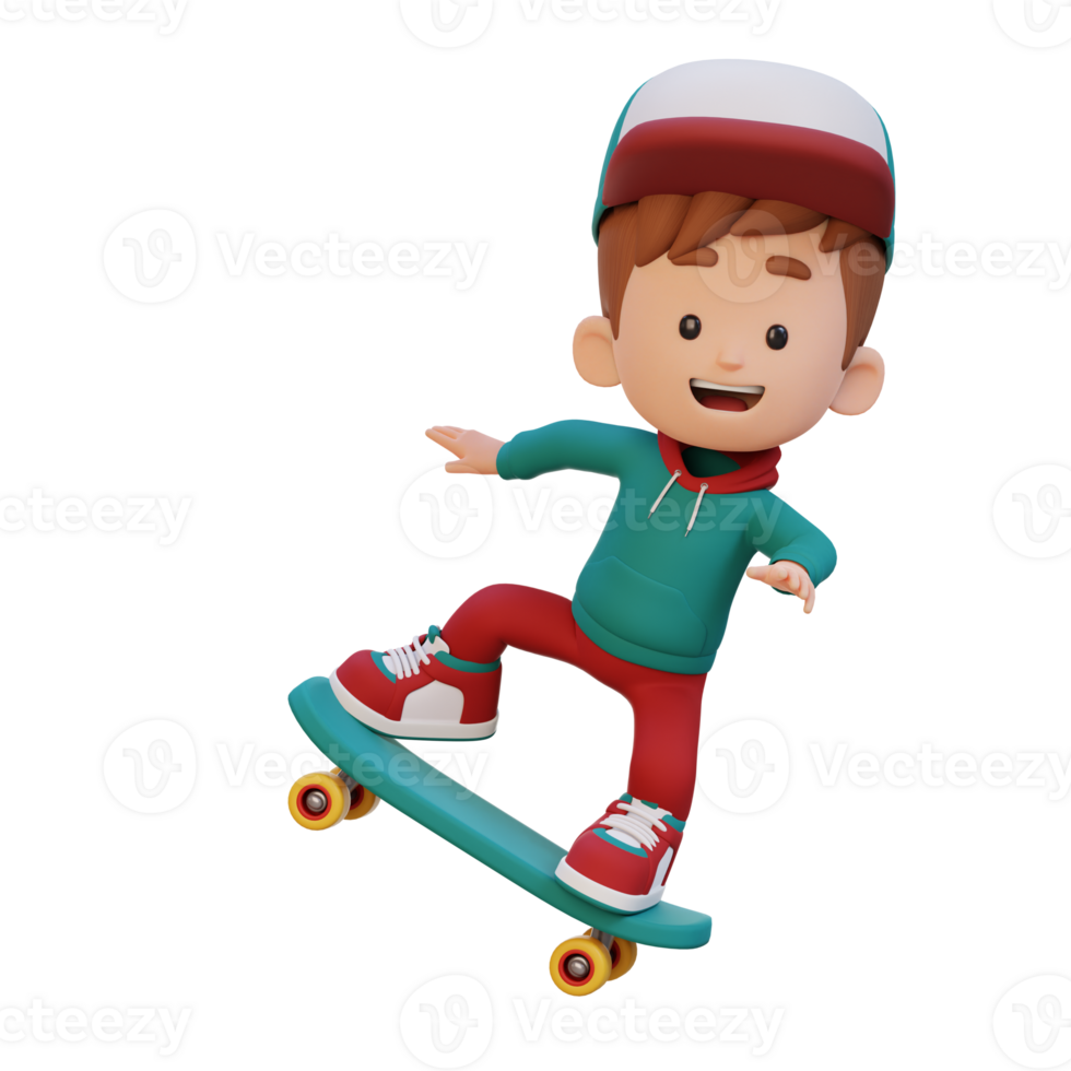 3D kid character ride skateboard png