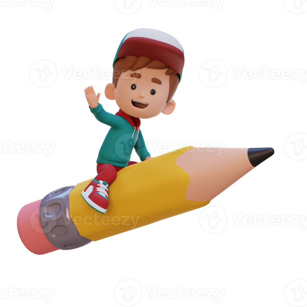 3D kid character riding a pencil and waving hand png
