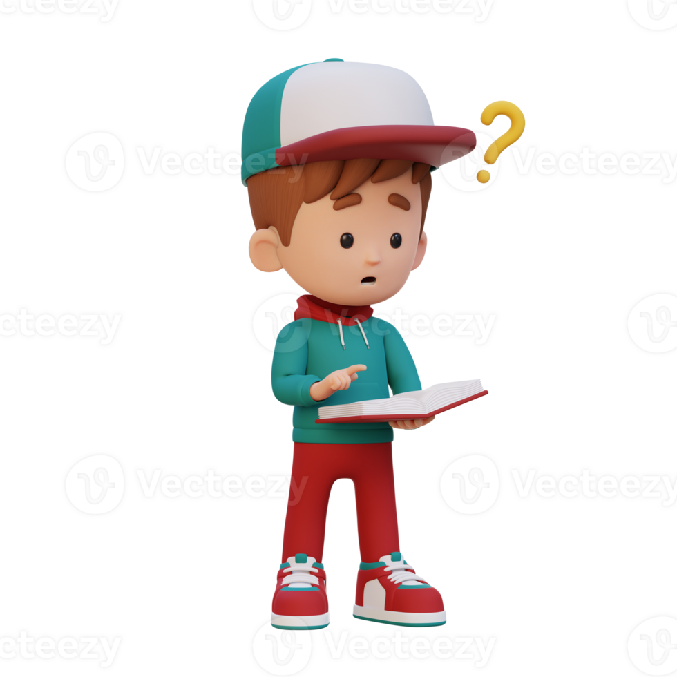 3D kid character get confused when reading a book png