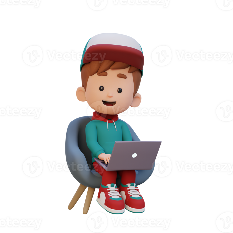 3D kid Character working on a Laptop png