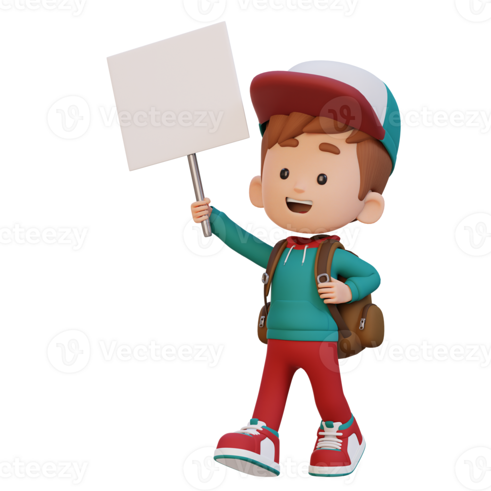3D kid character holding a blank placard png