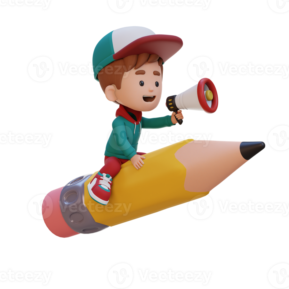 3D kid character riding a pencil and holding megaphone png