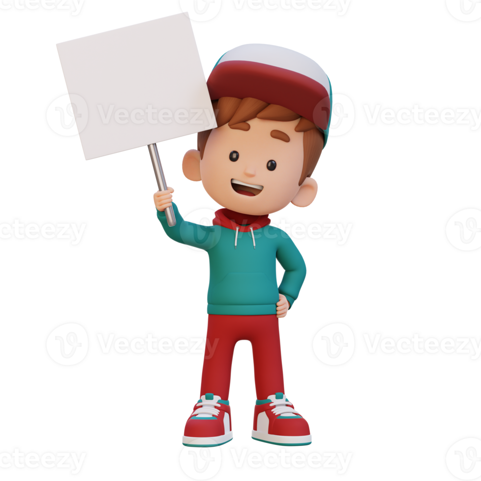 3D kid character holding a blank placard png