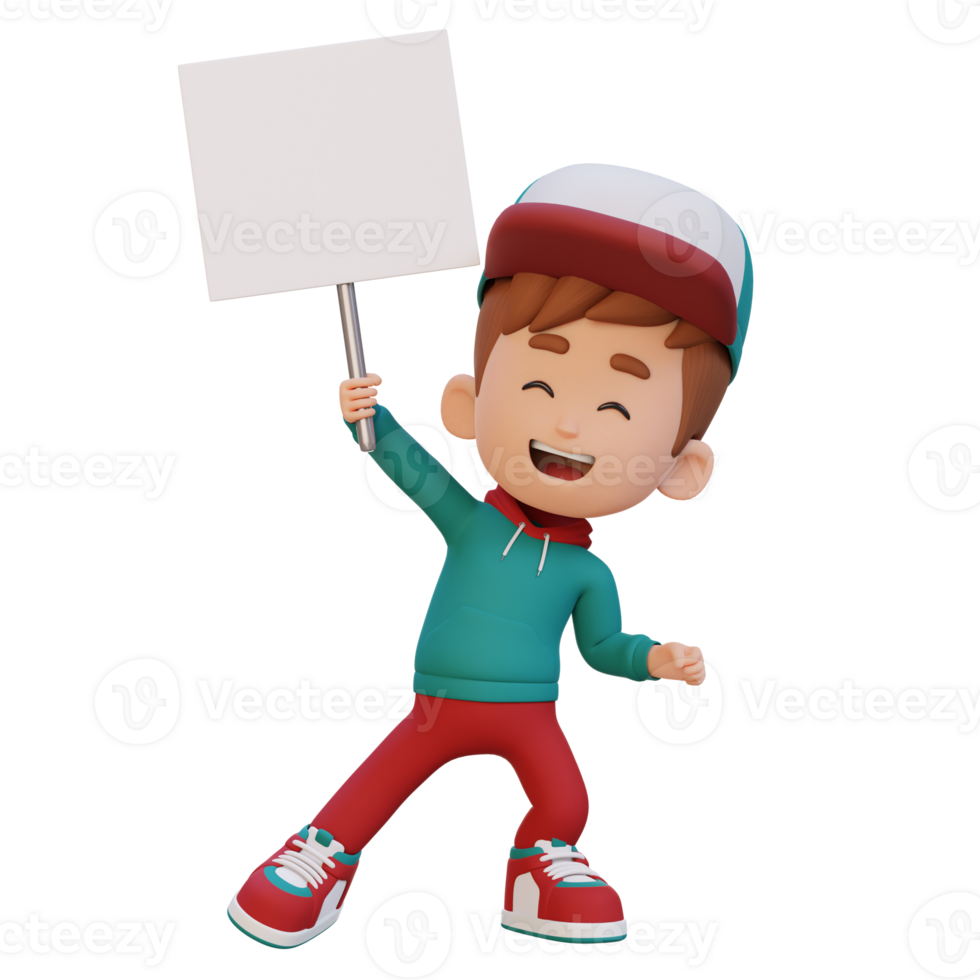 3D kid character holding a blank placard png