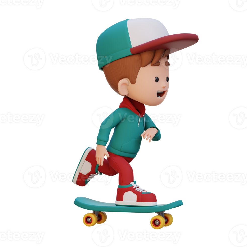 3D kid character ride skateboard png