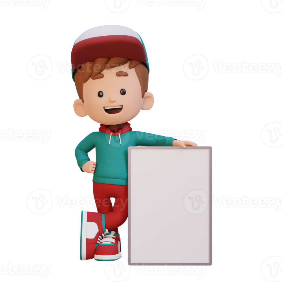 3D kid character holding a blank placard png