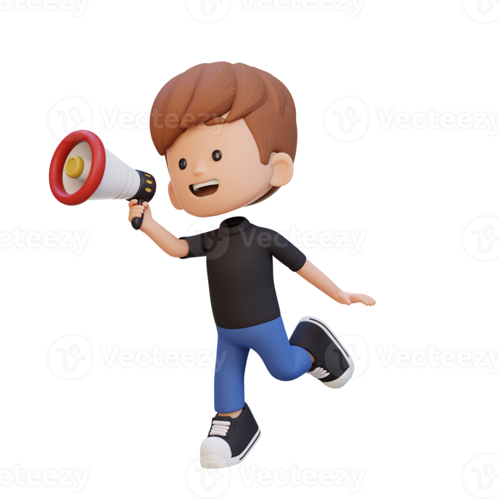 3D cute kid Character jumping and talking on Megaphone png