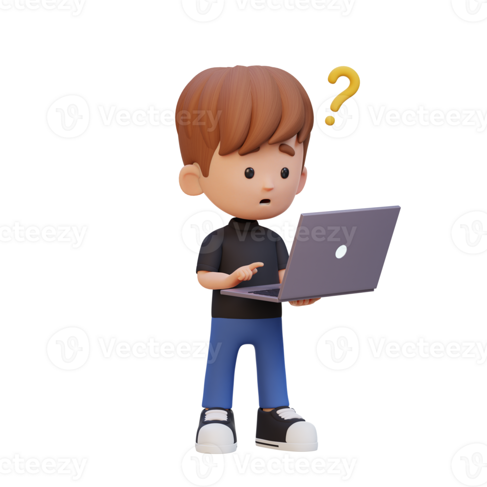 3D cute kid character confused on a laptop png