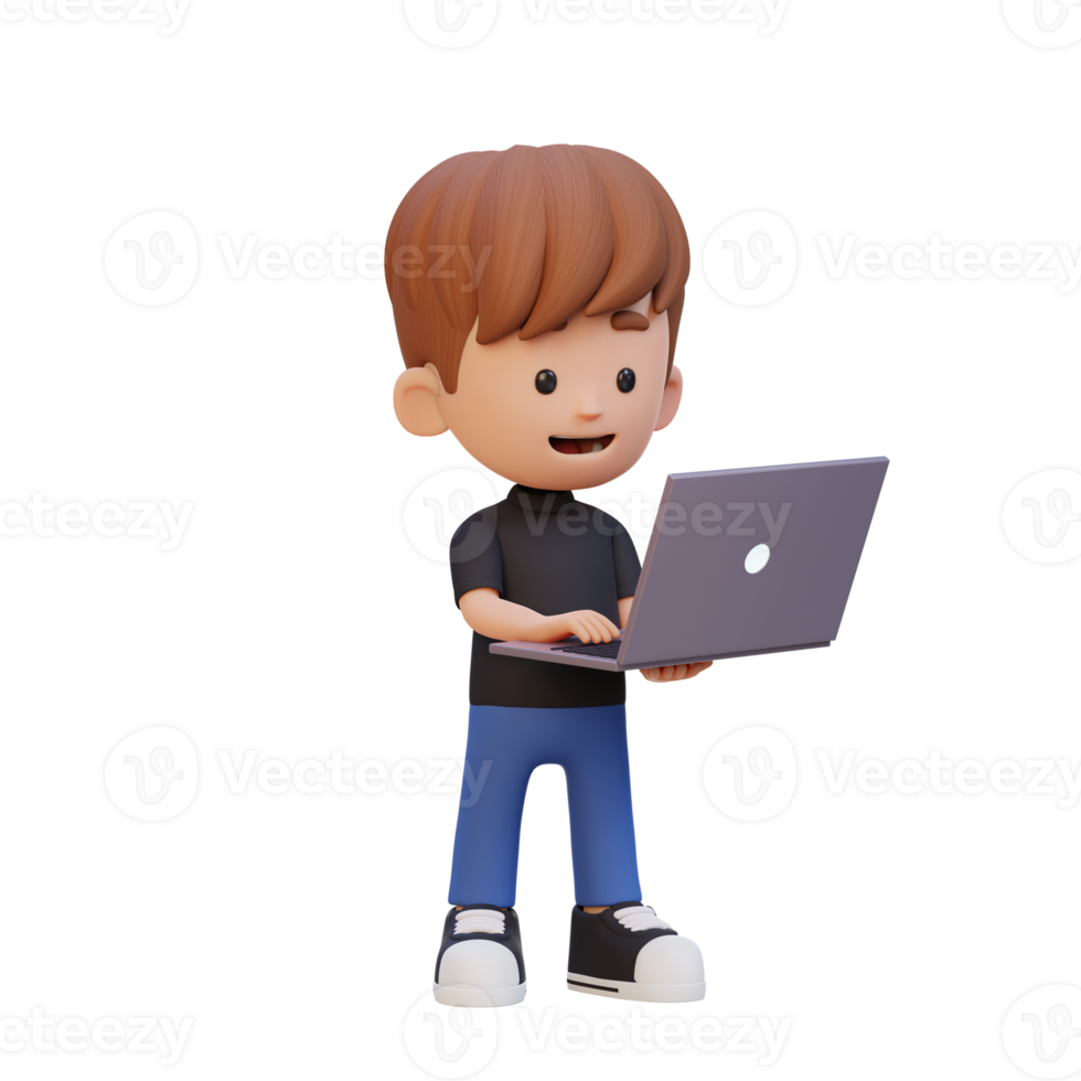 3D kid Character working on a Laptop png