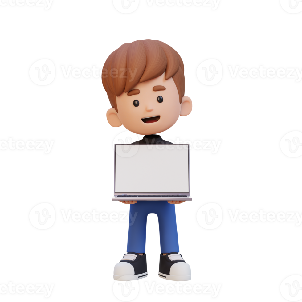 3D kid Character Holding and Presenting to a Laptop with Empty Screen png