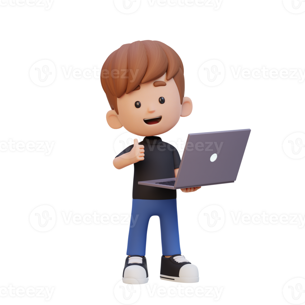 3D cute kid character give a thumb up while holding a laptop png