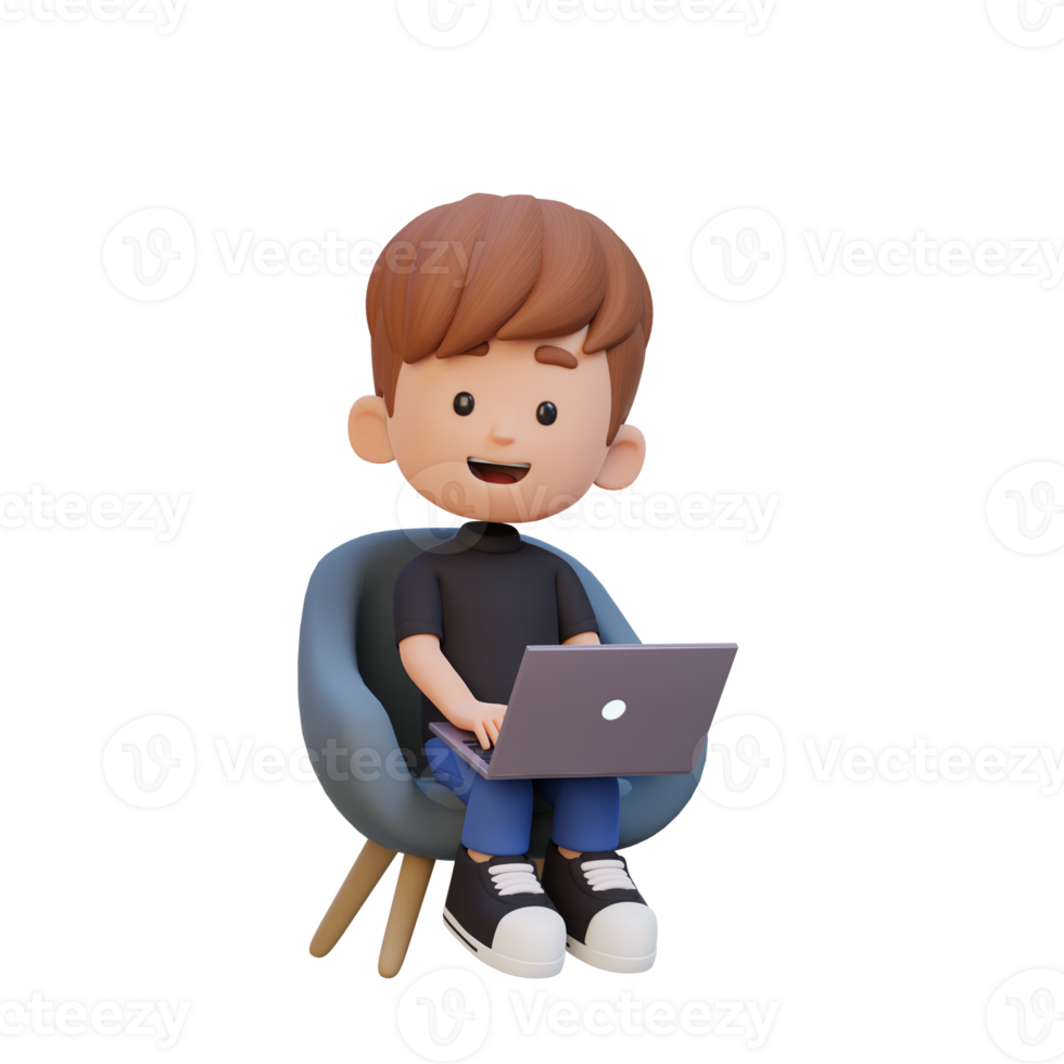 3D kid Character working on a Laptop png