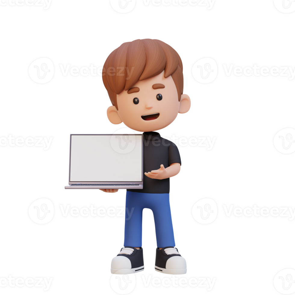 3D kid Character Holding and Presenting to a Laptop with Empty Screen png