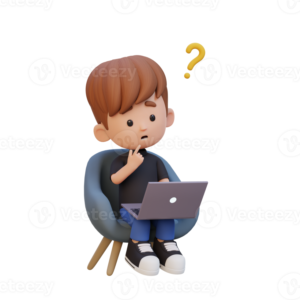 3D cute kid character confused on a laptop png