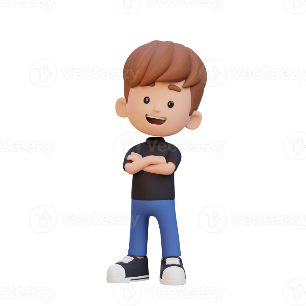 3D cute kid character in confident pose crossed hand png