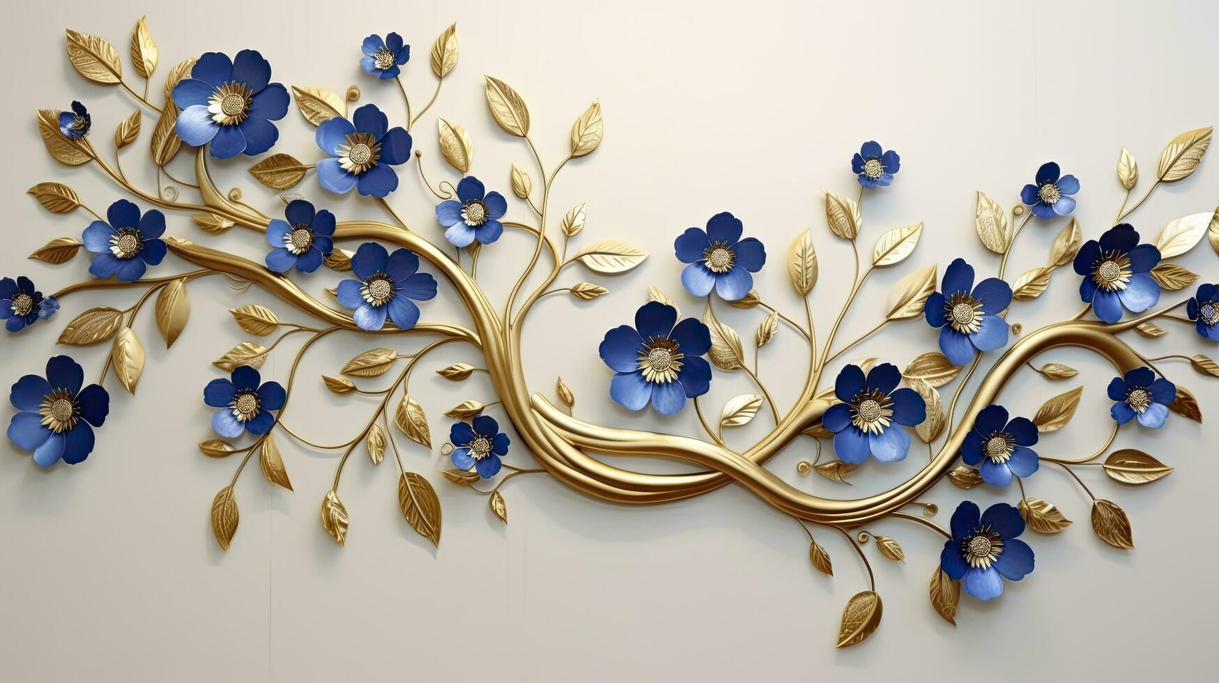 AI generated Elegant gold and royal blue floral tree with leaves and flowers hanging branches illustration background. AI Generated. photo