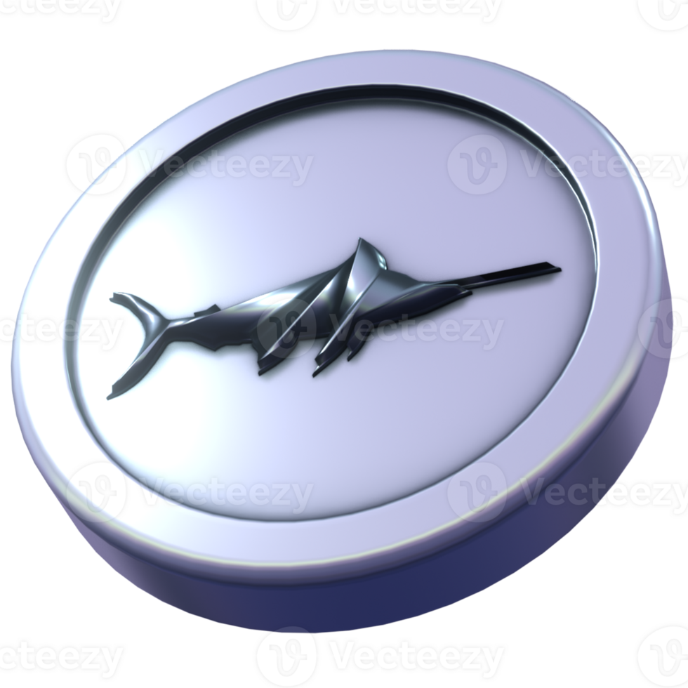 3D render of a silver coin featuring a marlin illustration. png