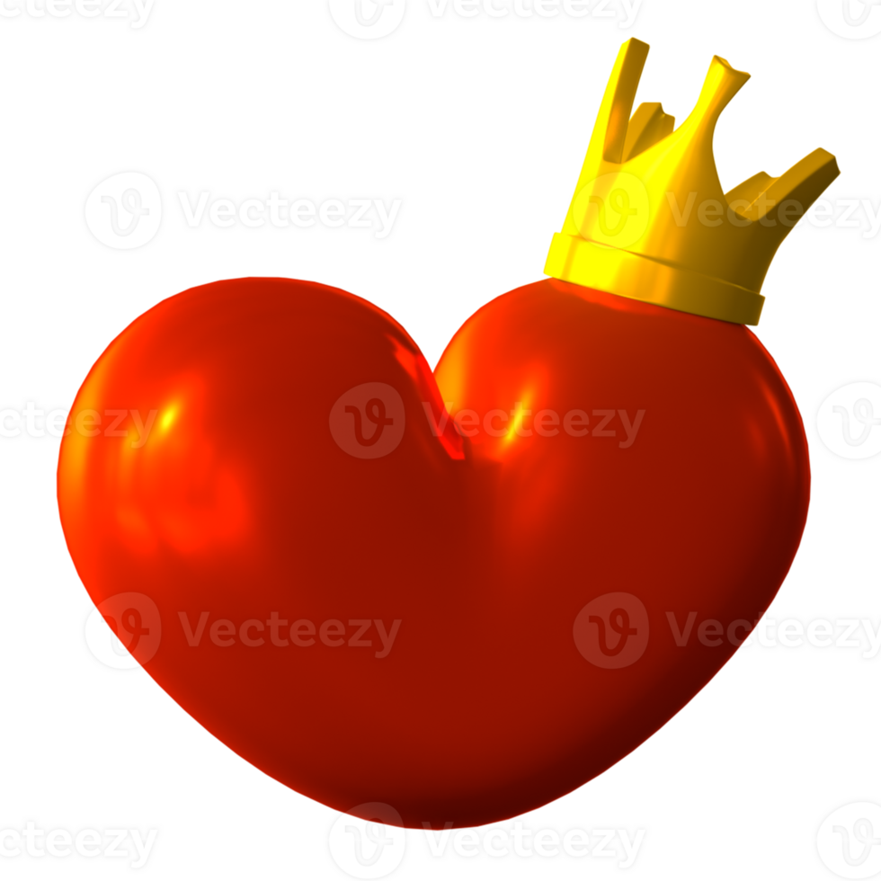 3D render icon of a red heart with a golden crown. png