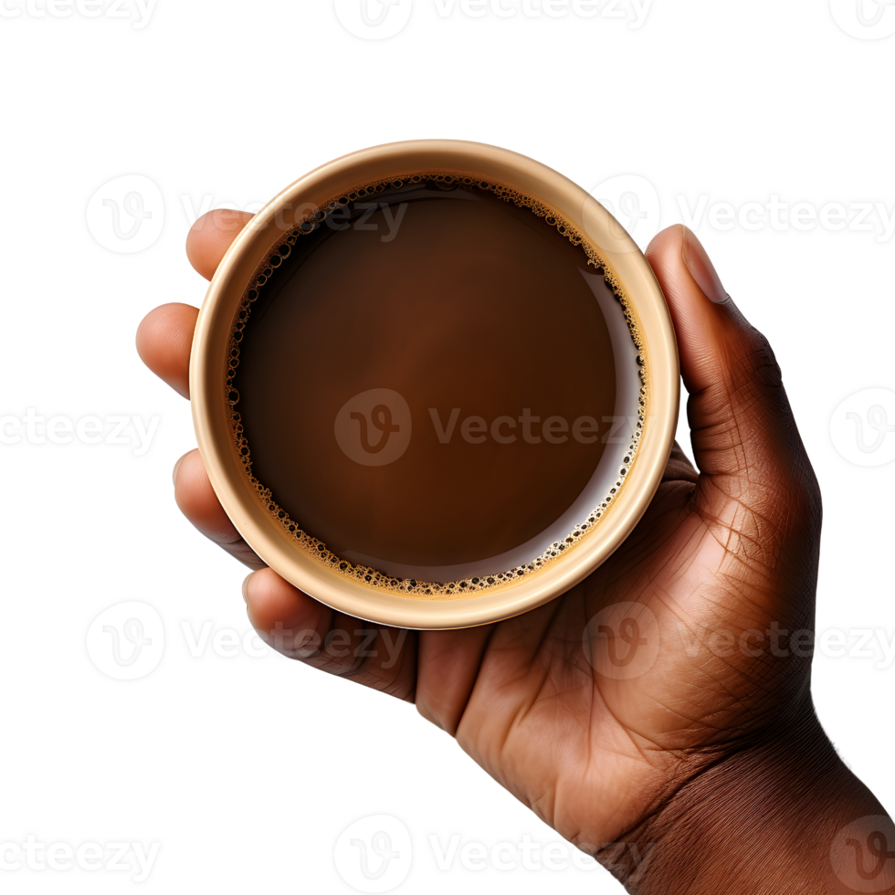 AI generated Hand Holding Steaming Cup, Top Down Coffee Bliss png
