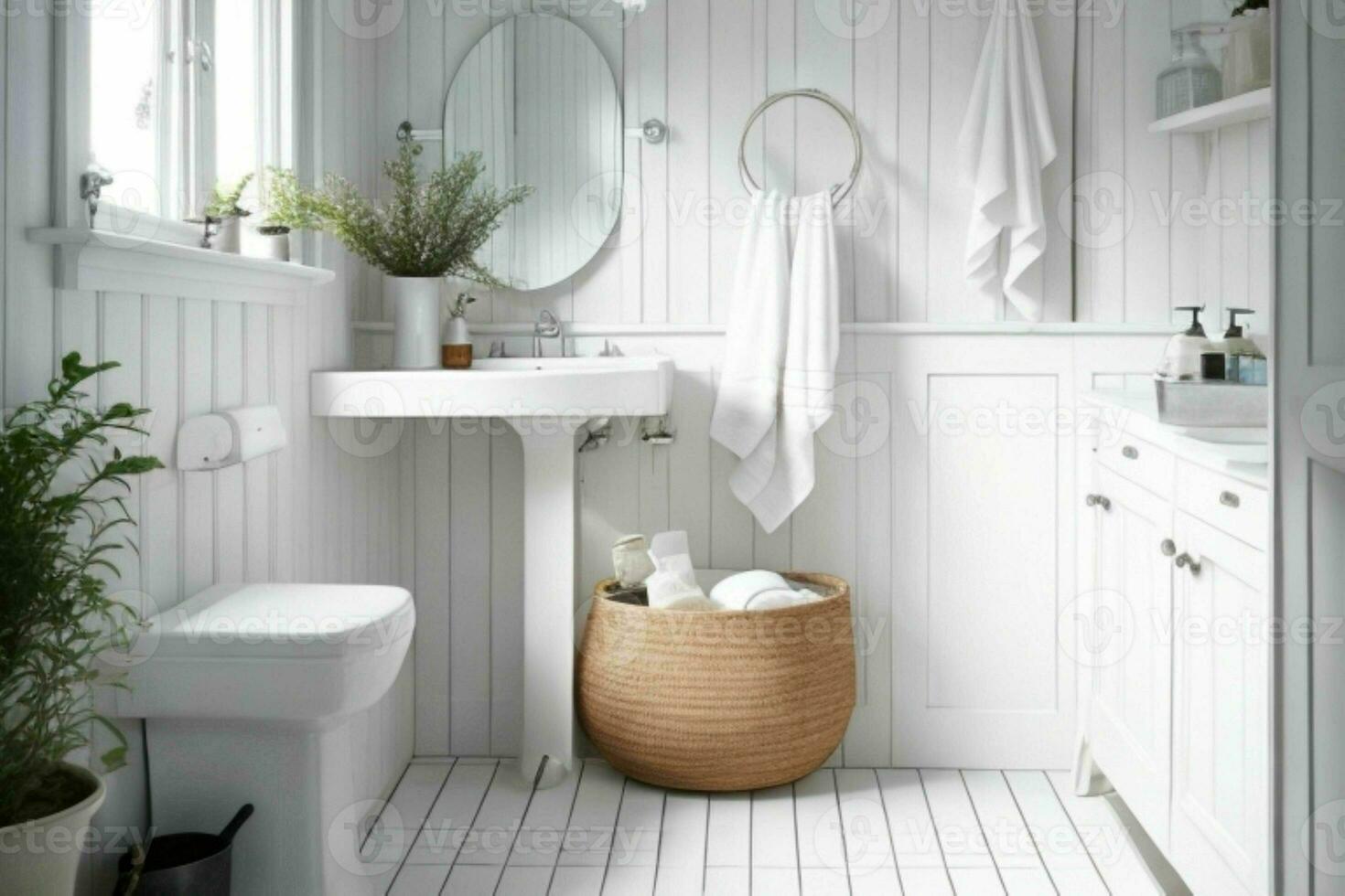 AI generated Scandinavian Style Bathroom. Pro Photo