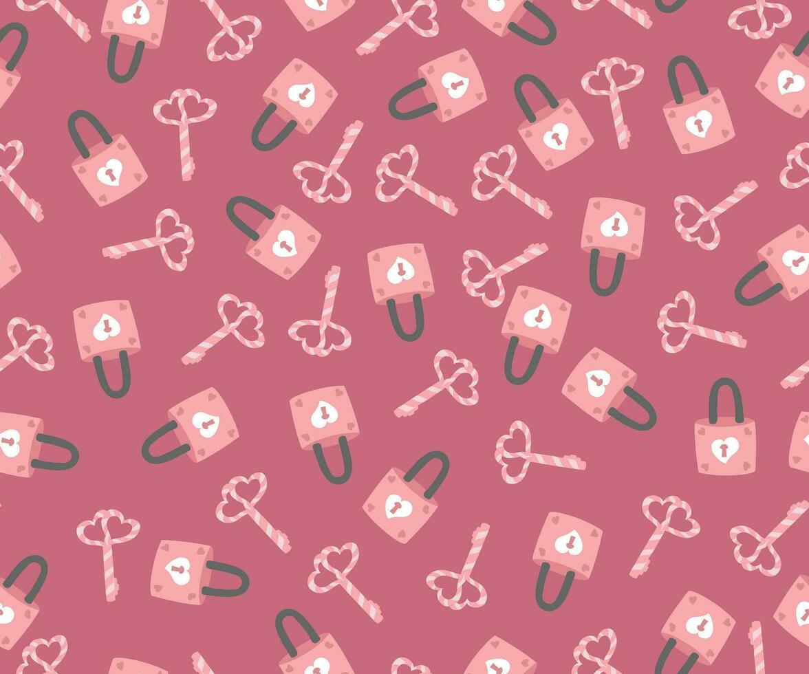 Romantic Valentine's Day Pattern with pink Keys, lock and Hearts vector