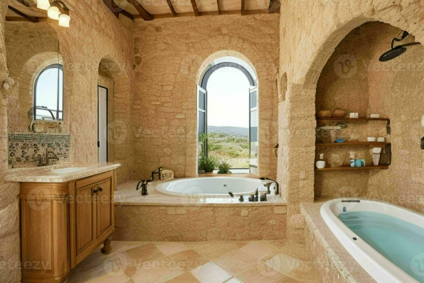 AI generated Mediterranean Style Bathroom. Pro Photo