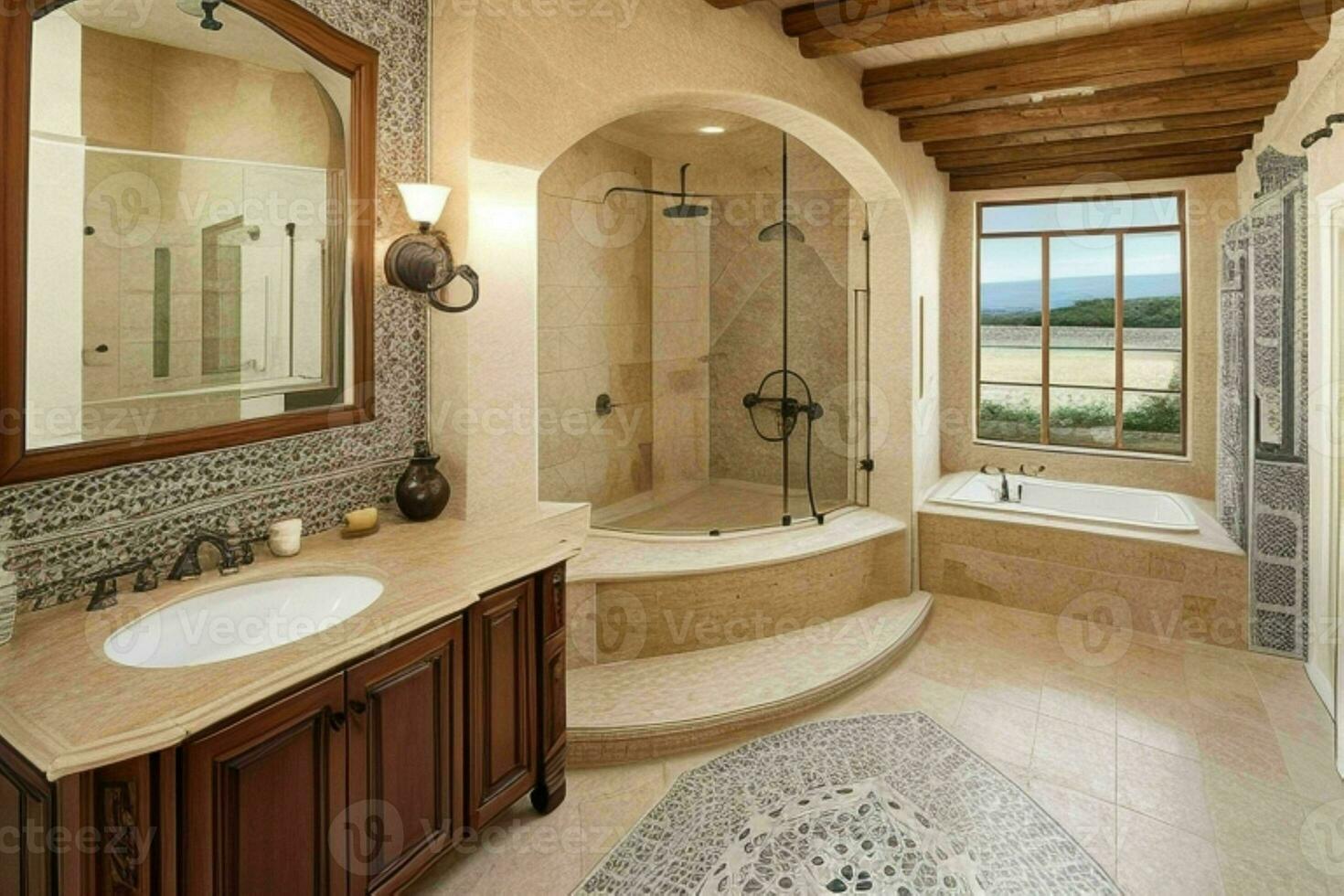 AI generated Mediterranean Style Bathroom. Pro Photo