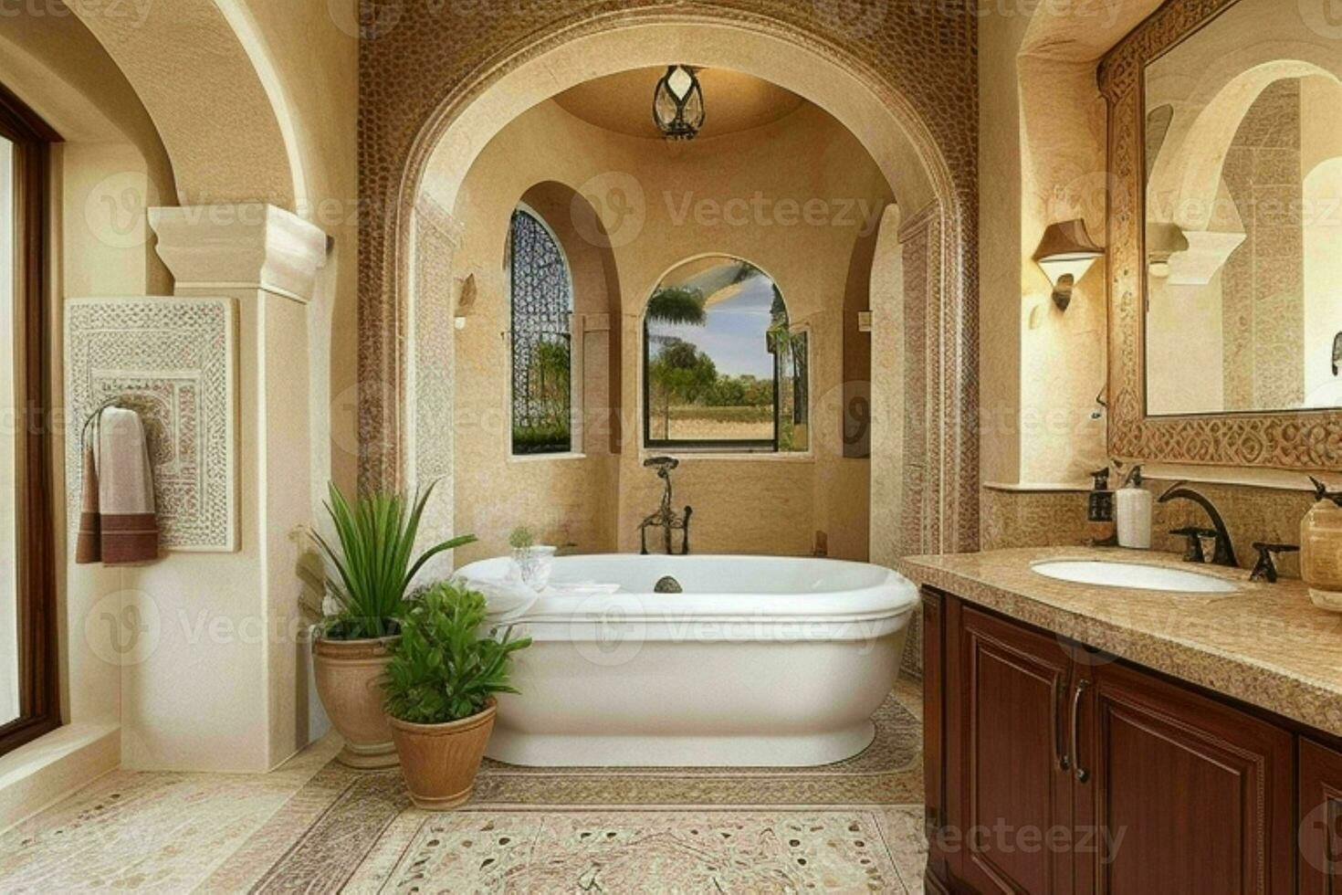 AI generated Mediterranean Style Bathroom. Pro Photo