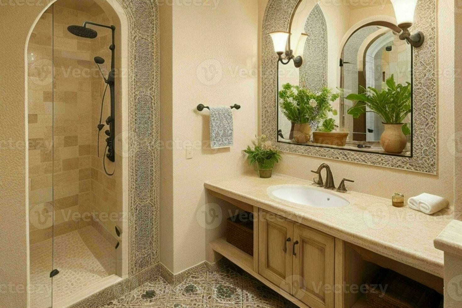 AI generated Mediterranean Style Bathroom. Pro Photo