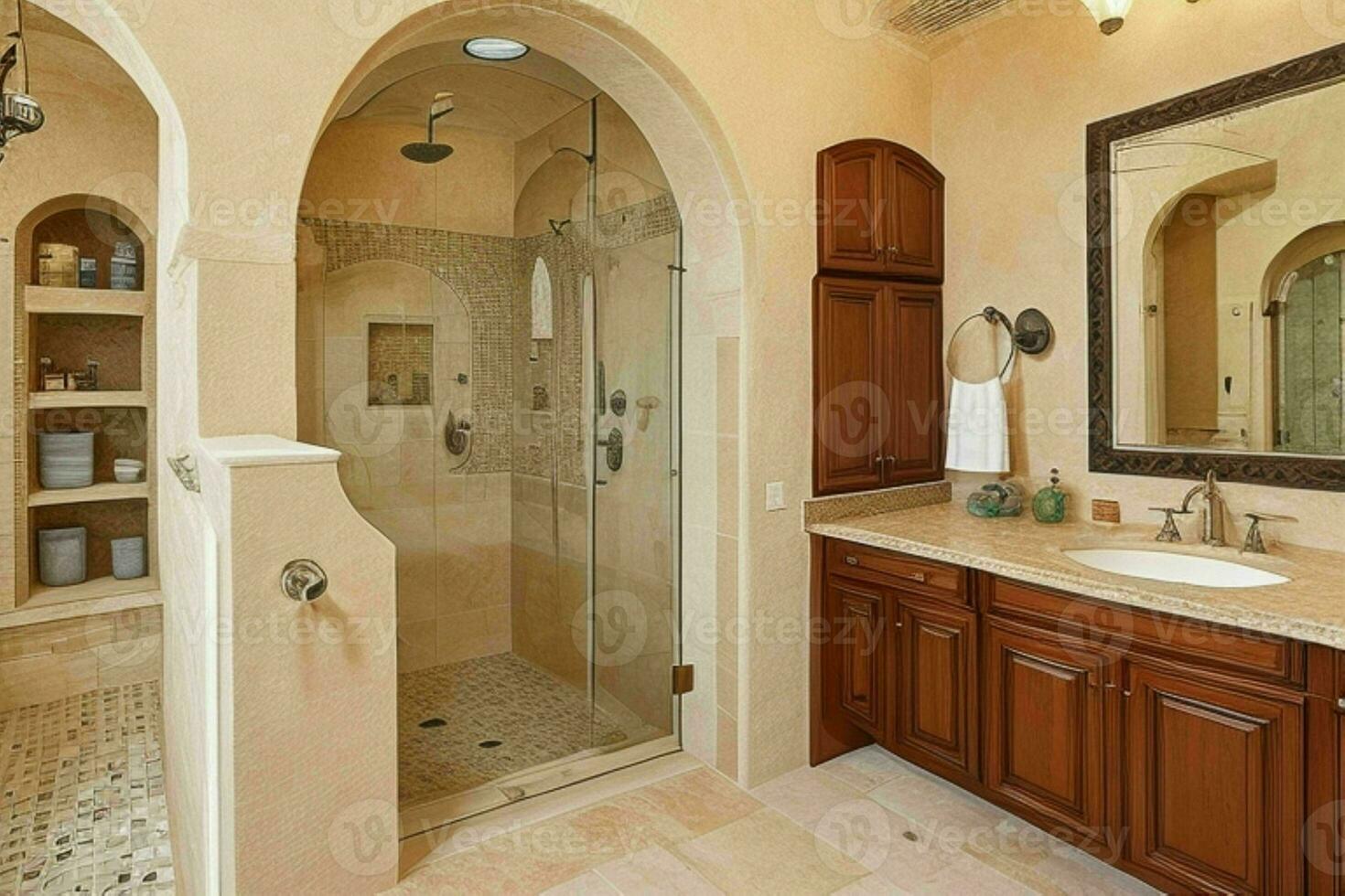 AI generated Mediterranean Style Bathroom. Pro Photo