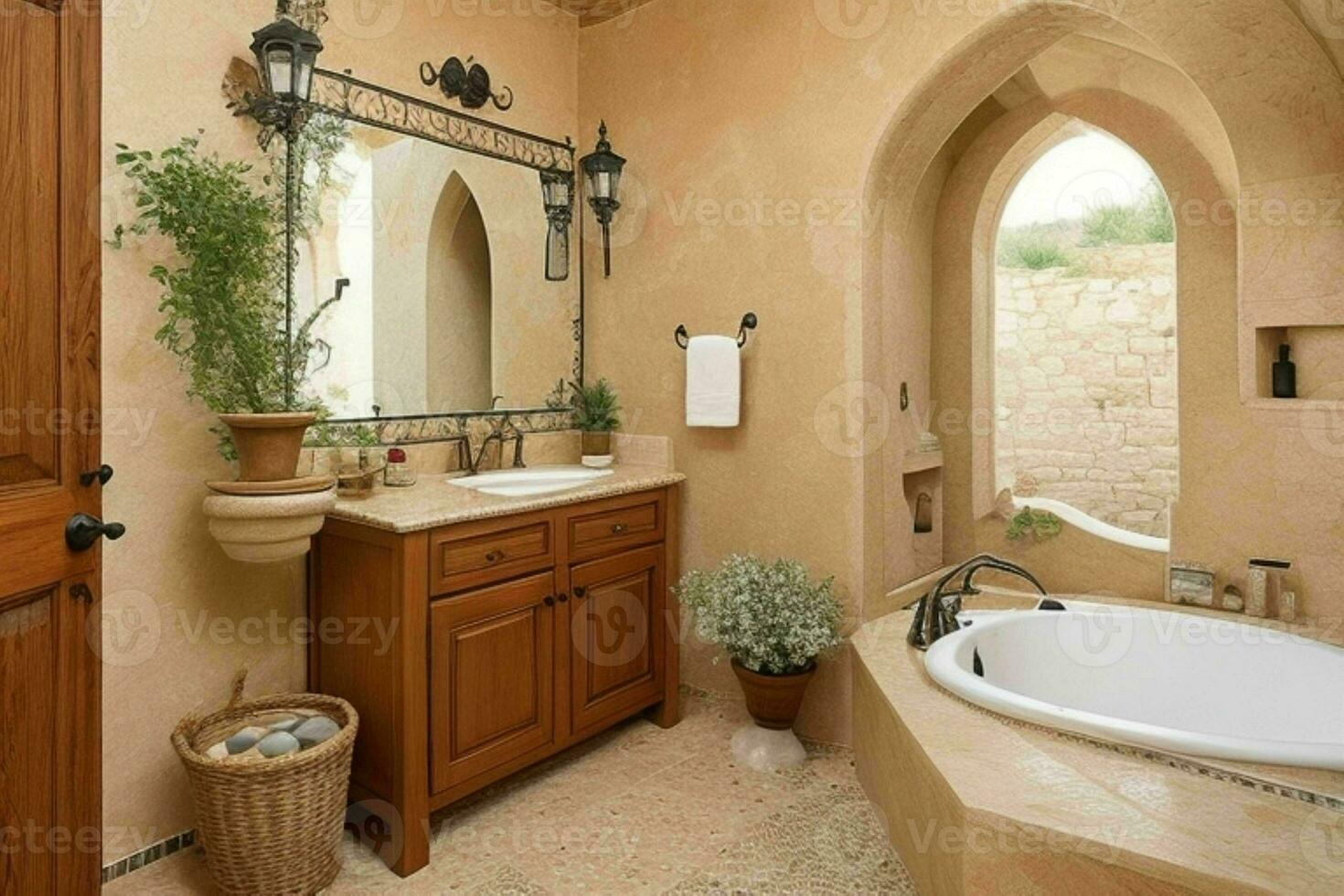 AI generated Mediterranean Style Bathroom. Pro Photo