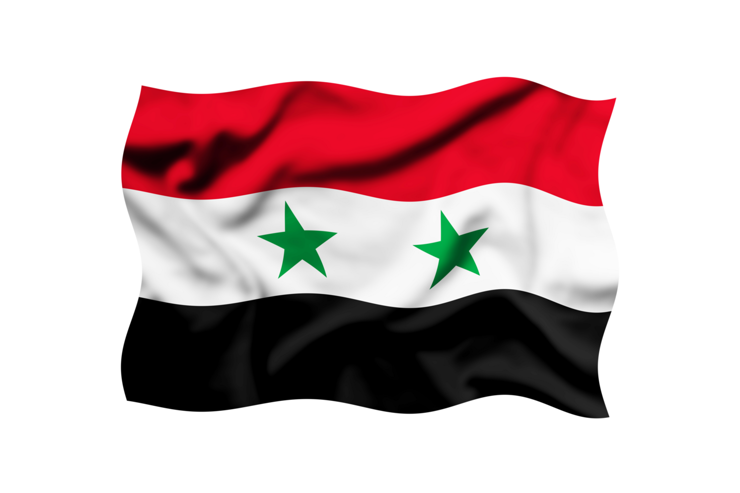 The flag of Syria waving in the wind on a transparent background is isolated. Clipping path included png