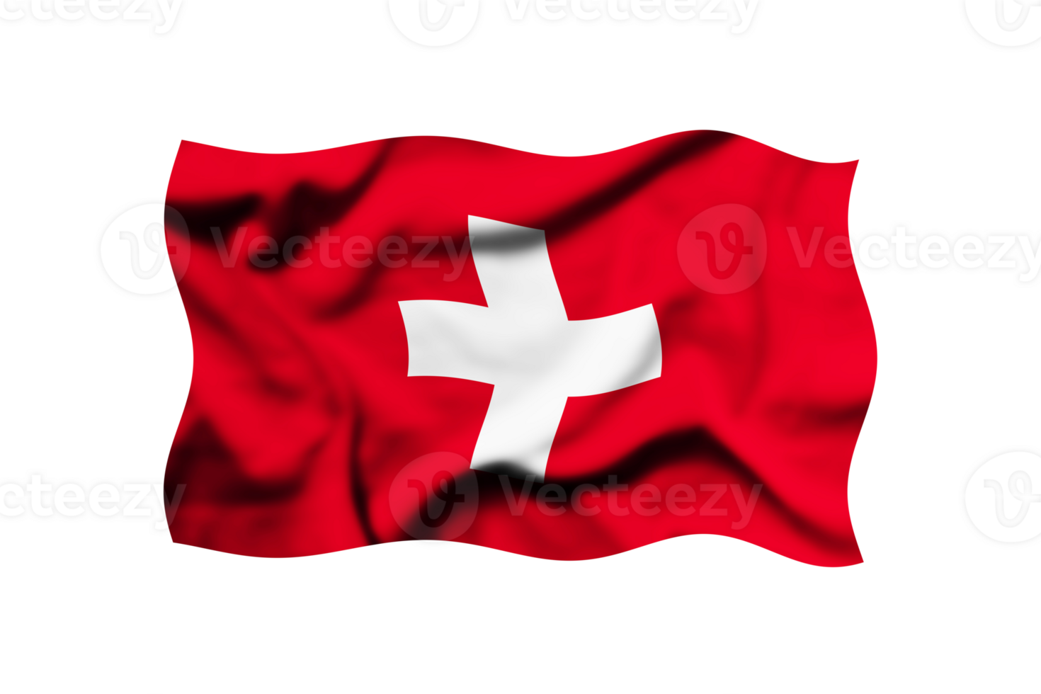 The flag of Switzerland is waving in the wind on a transparent background. 3d rendering. Clipping path included png