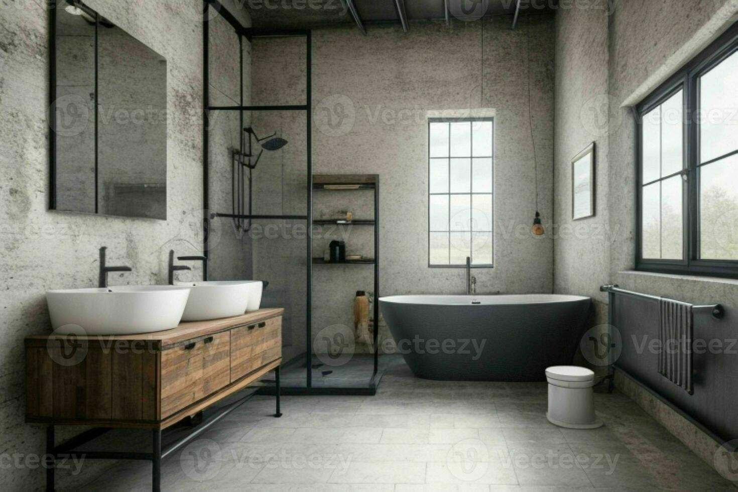 AI generated Industrial Style Bathroom. Pro Photo