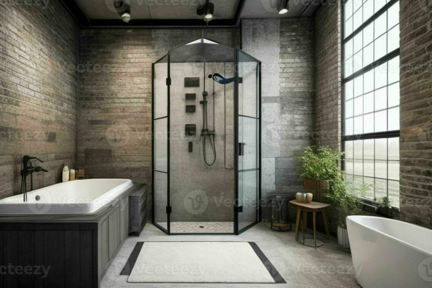 AI generated Industrial Style Bathroom. Pro Photo