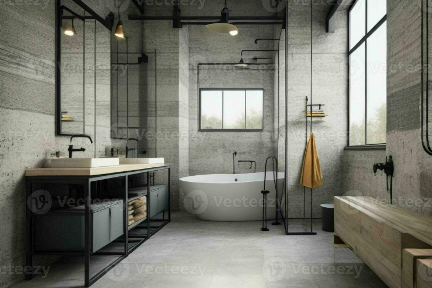 AI generated Industrial Style Bathroom. Pro Photo
