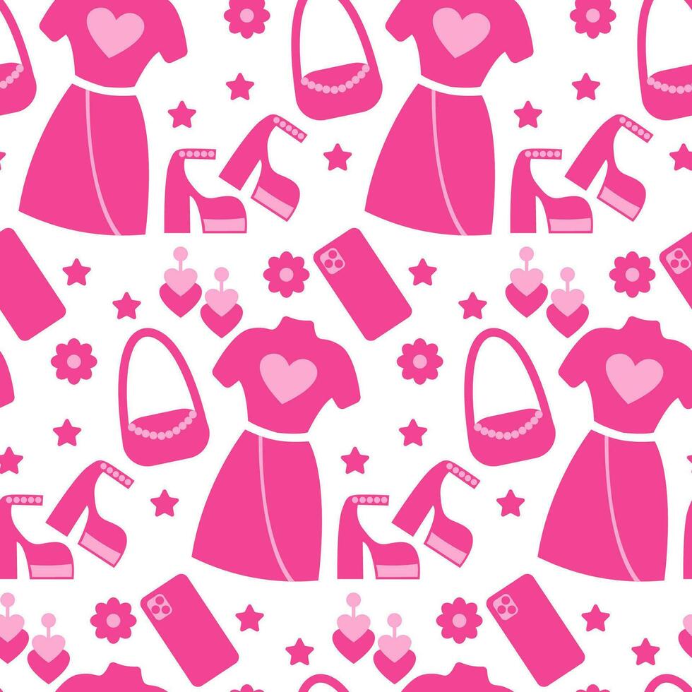 rosado sin costura modelo. impresión para un muchacha. de moda ropa y accesorios. vector, plano estilo. Perfecto para textil, fondo de pantalla o impresión diseño. vector