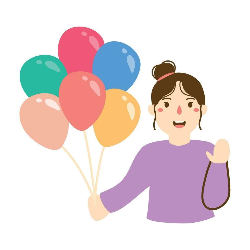 alegre joven niña fiesta invitado sostener globos vector