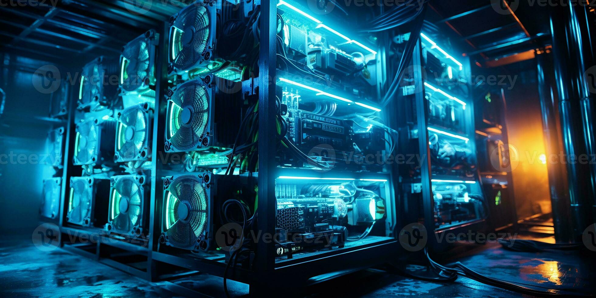 AI generated large server with blue backlight. computer technology, modern servers, information storage, cryptocurrency mining photo