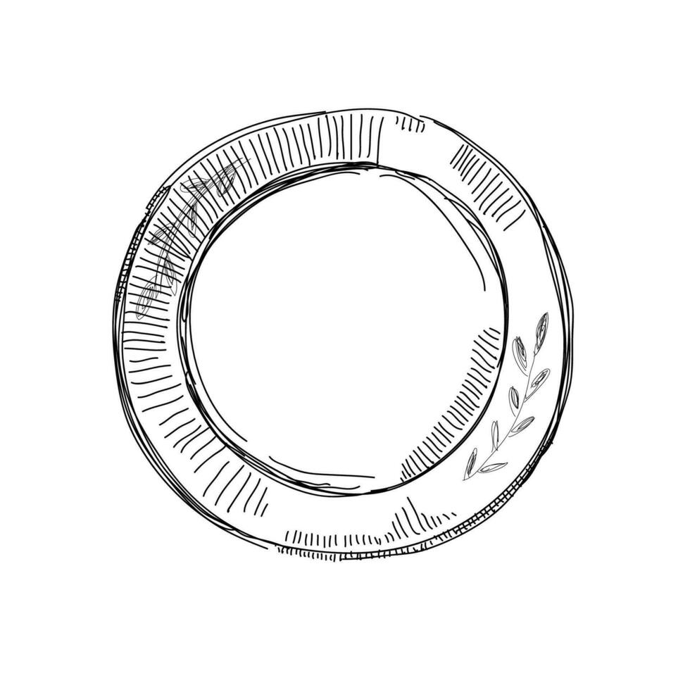 Plate on a white background. Black and white sketch. Vector