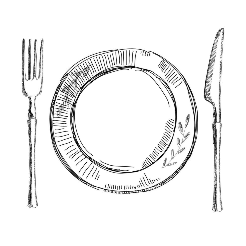 A set of cutlery is a black and white sketch. Vector. Wedding decor. vector