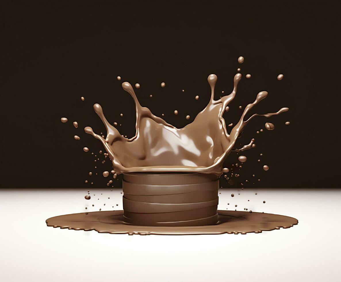 ai generado chocolate chapoteo con un podio, Bosquejo antecedentes para Leche producto mostrar, 3d. generativo ai foto