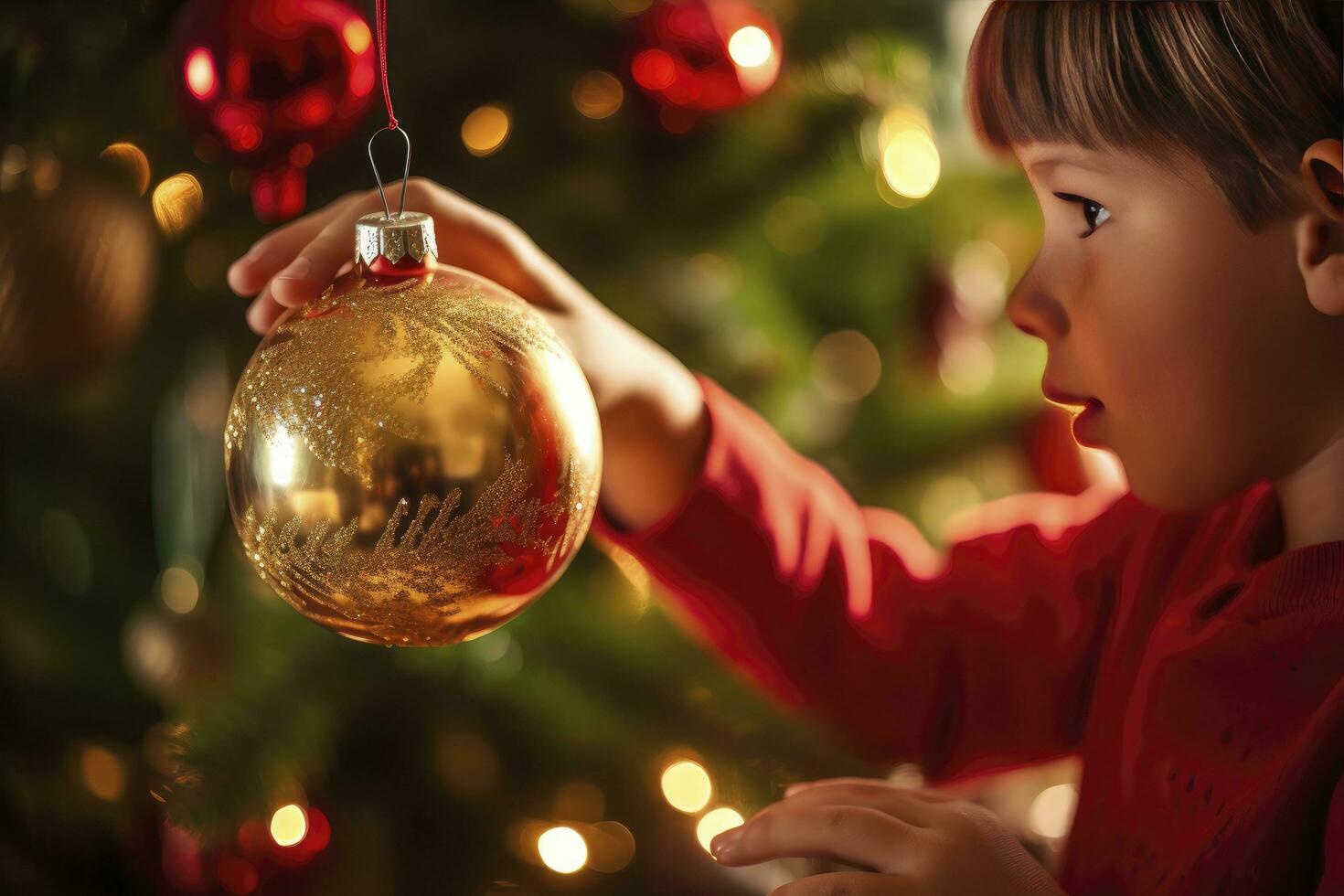 AI generated Child Decorating Christmas Tree Closeup. AI Generated photo