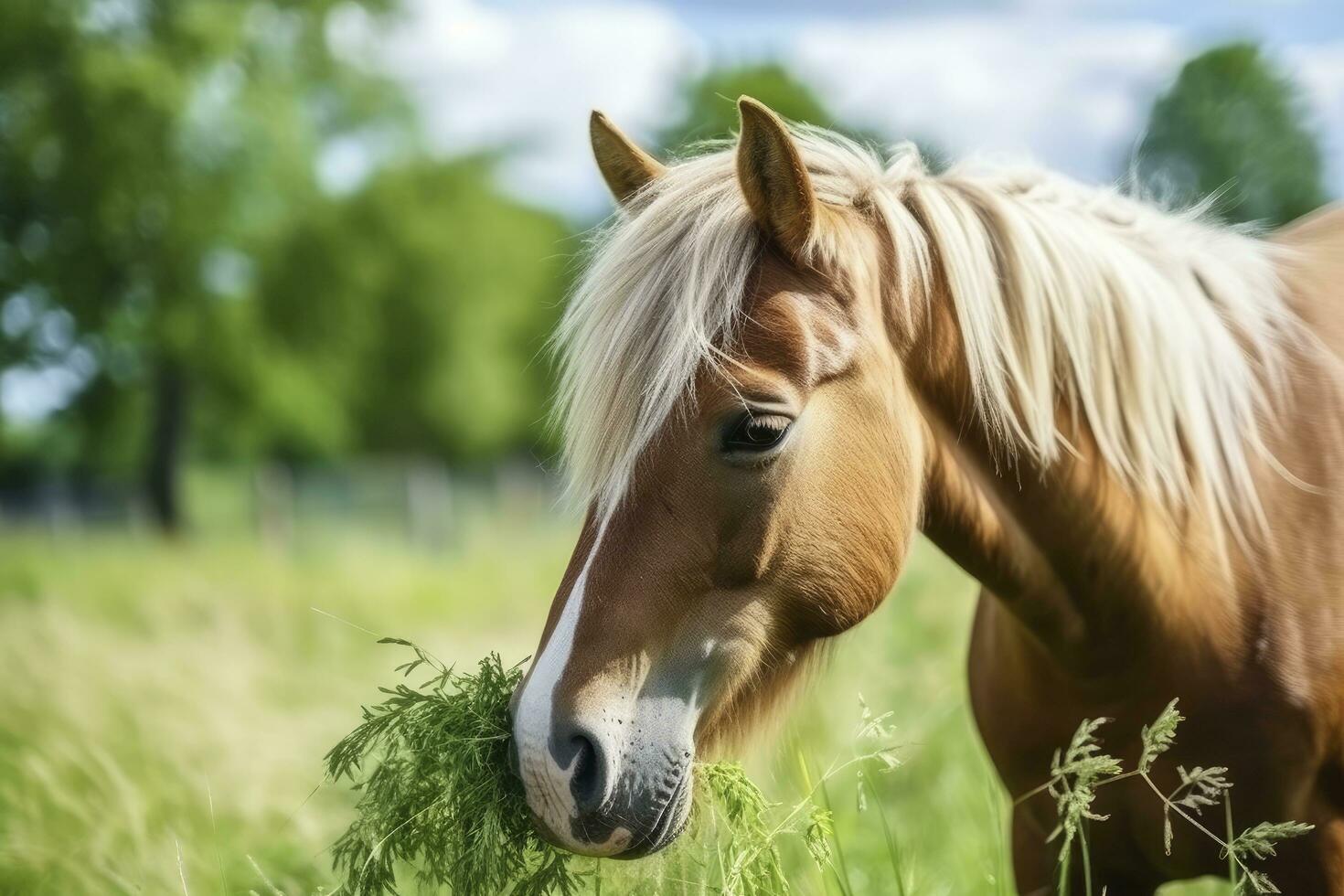 AI generated Brown horse with blond hair eats grass on a green meadow detail from the head. AI Generated photo