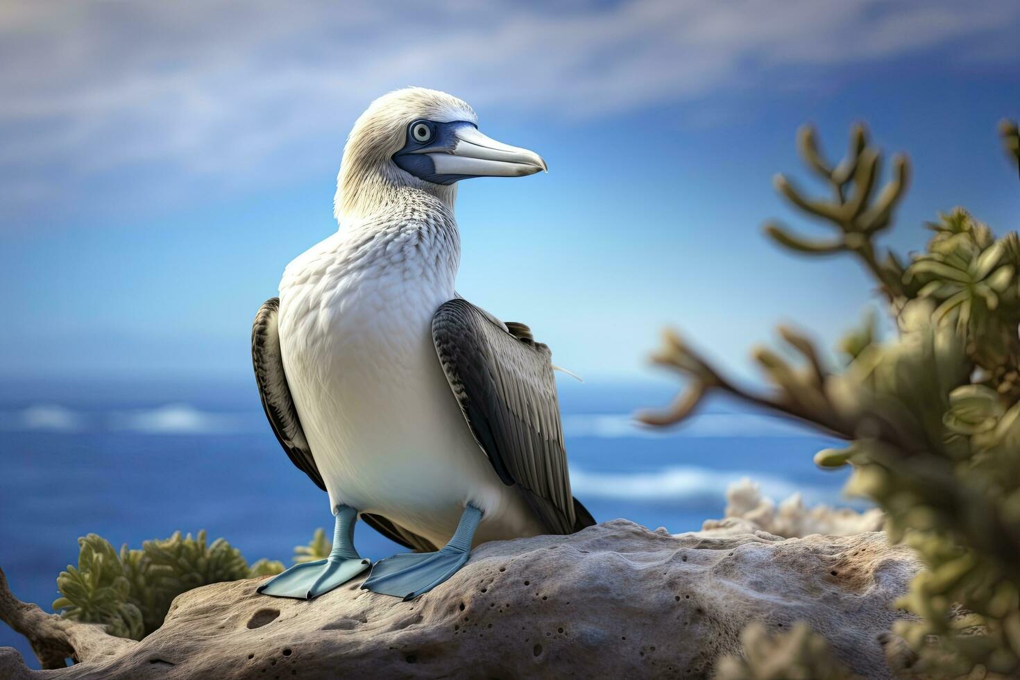 AI generated The rare blue-footed booby rests on the beach. AI Generated photo