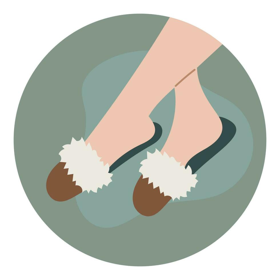 Cover template for social media highlights. Vector isolated Round label or icon, female feet in home cozy slippers, flat style.