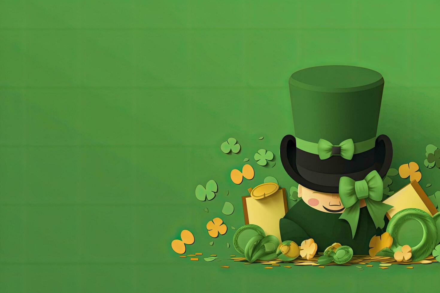 AI generated St Patrick's Day concept. leprechaun headwear gift boxes pot with gold coins. AI Generated photo