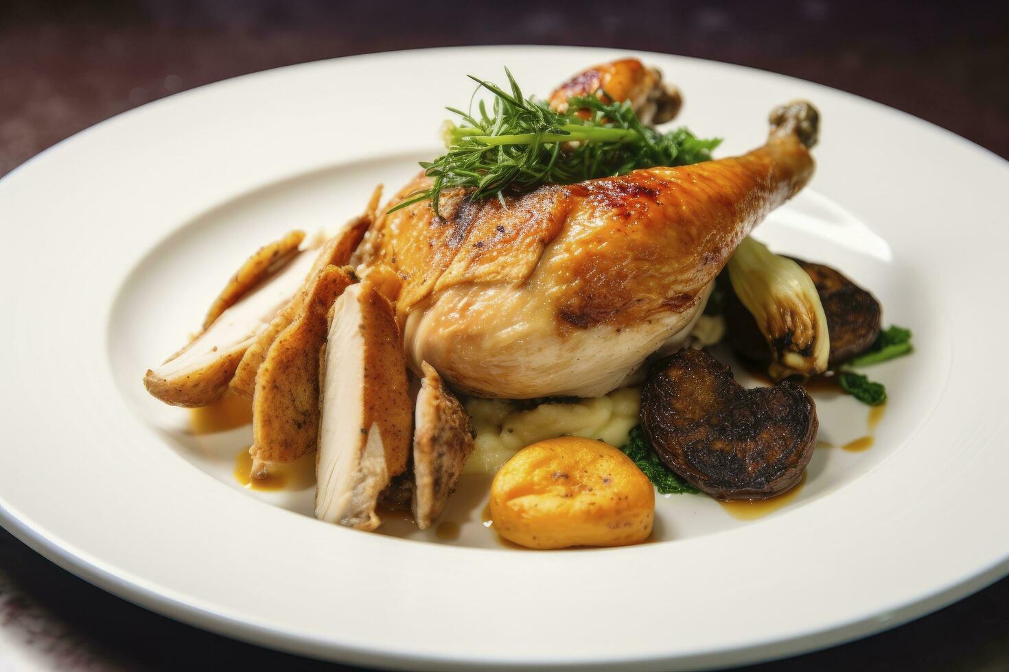 AI generated Plated chicken roast dinner on a white plate with carrot and morel mushroom. AI Generated. photo