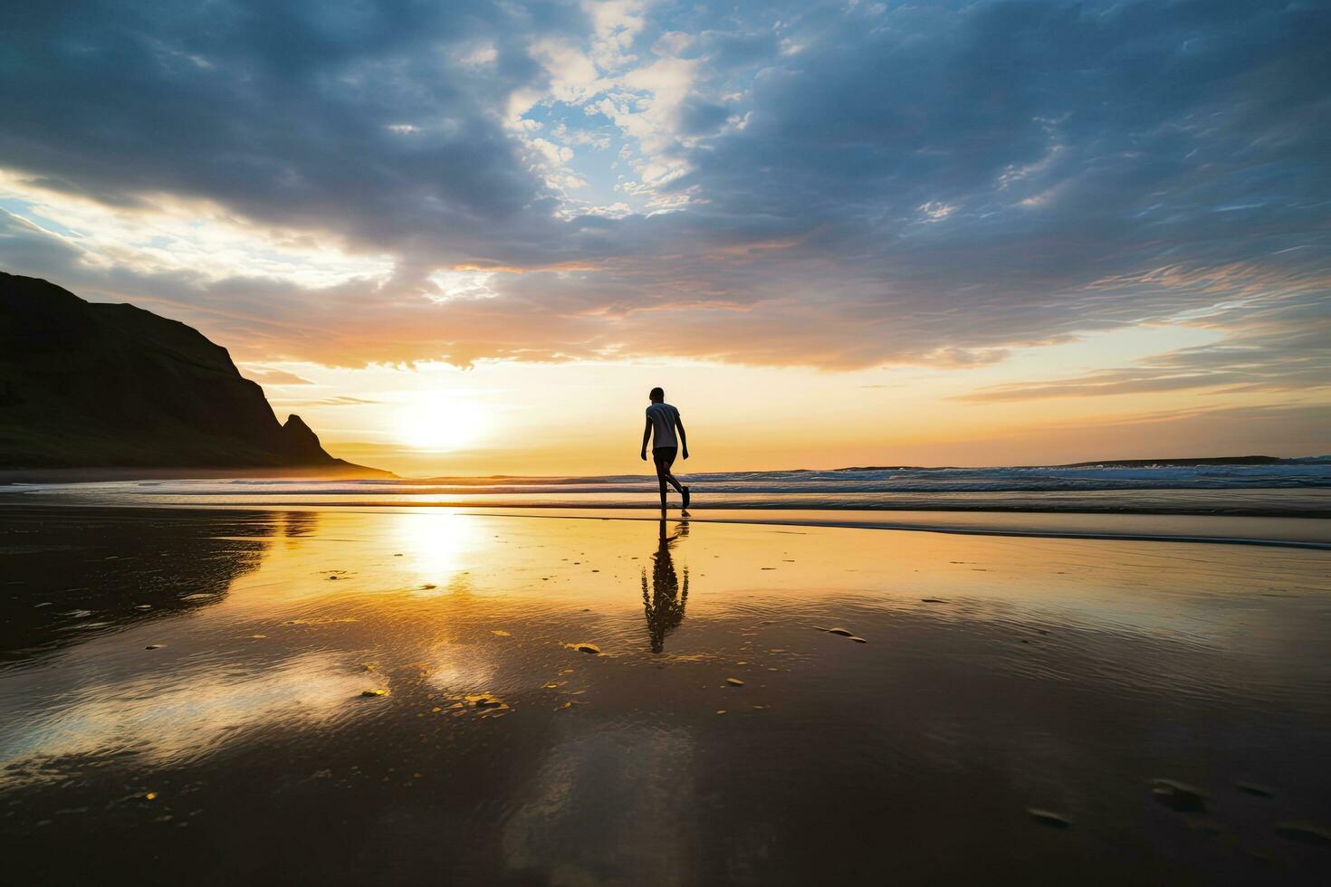AI generated A person walking on the beach at sunset. AI Generated. photo